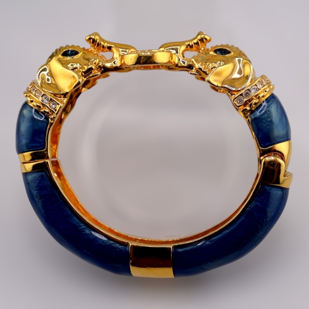 Kenneth Jay Lane Raj Elephant Bangle Bracelet Blue Enamel Gold Tone Vintage NOS - Picture 4 of 7